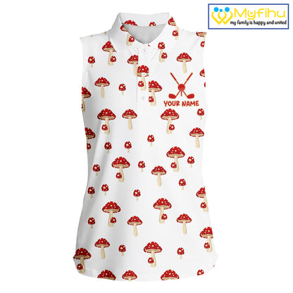 Funny Mushroom Sleeveless Womens Golf Polo Shirt, Personalized Mushroom Red White Pattern Golf Jersey NHT888