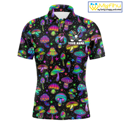 Funny Neon Mushroom Pattern Mens Golf Polo Shirt – Custom Name, Team Name For Golfer NHT889
