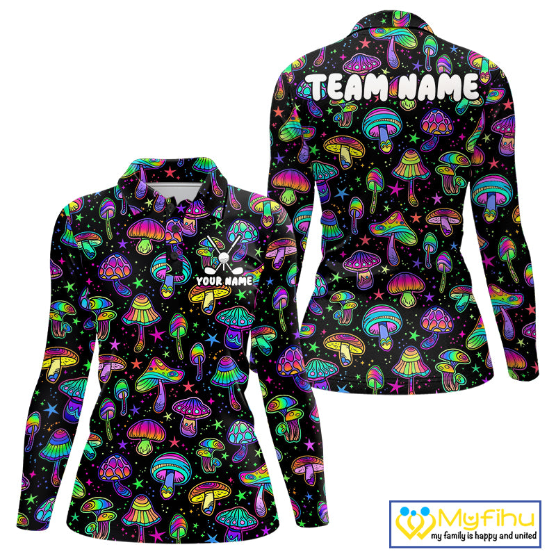 Funny Neon Mushroom Pattern Womens Golf Polo Shirt – Custom Name, Team Name For Golfer NHT889