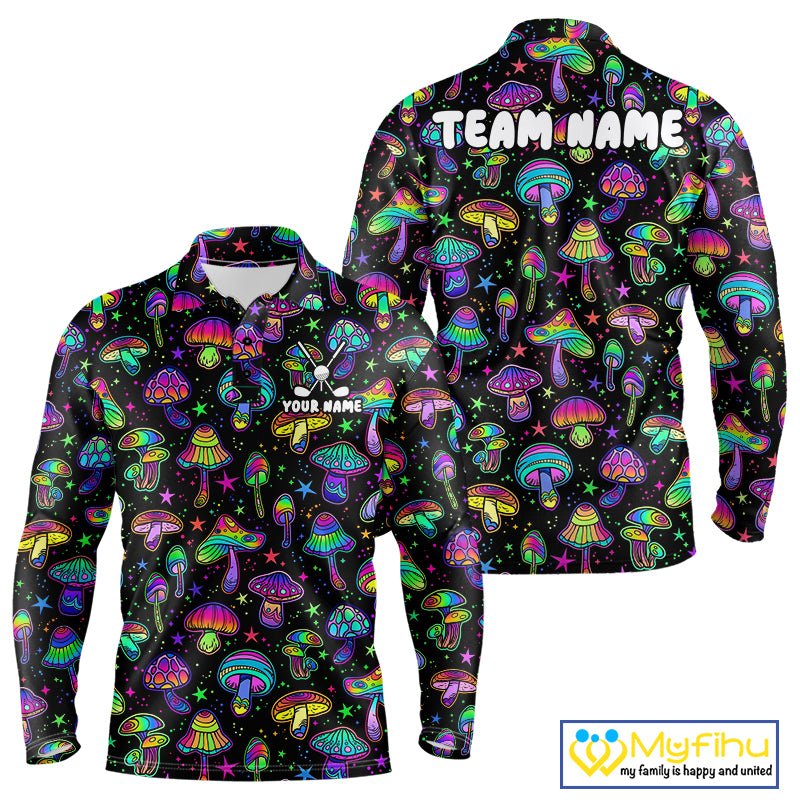 Funny Neon Mushroom Pattern Mens Golf Polo Shirt – Custom Name, Team Name For Golfer NHT889