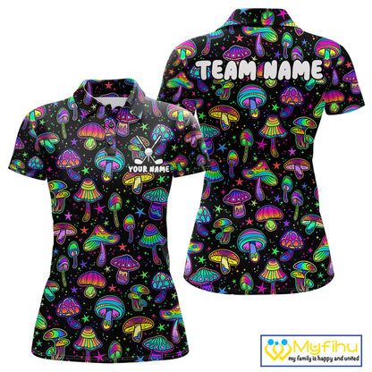 Funny Neon Mushroom Pattern Womens Golf Polo Shirt – Custom Name, Team Name For Golfer NHT889