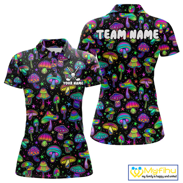 Funny Neon Mushroom Pattern Womens Golf Polo Shirt – Custom Name, Team Name For Golfer NHT889