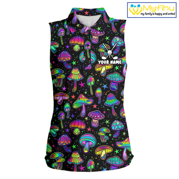 Funny Neon Mushroom Pattern Sleeveless Womens Golf Polo Shirt – Custom Name, Team Name For Golfer NHT889