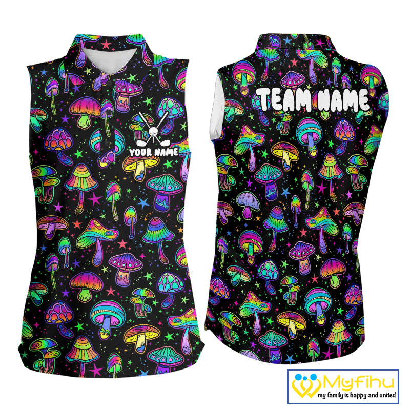 Funny Neon Mushroom Pattern Sleeveless Womens Golf Polo Shirt – Custom Name, Team Name For Golfer NHT889