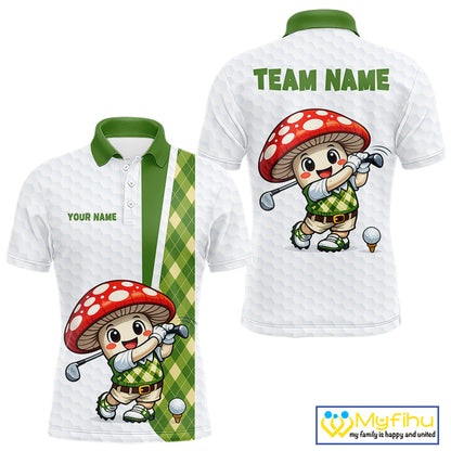 Funny Cartoon Mushroom Mens Golf Polo Shirt White Argyle Green Pattern Golf Shirt NHT890