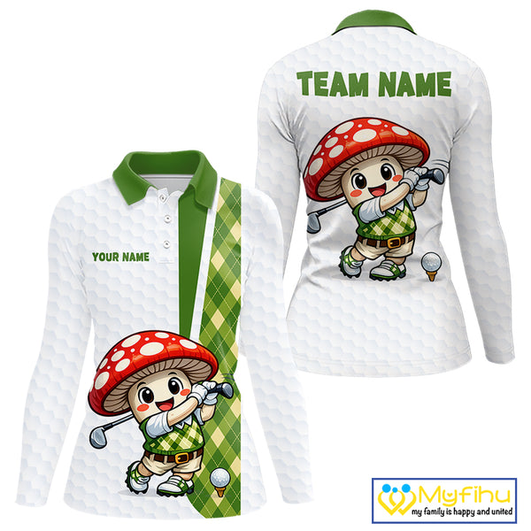 Funny Cartoon Mushroom Womens Golf Polo Shirt White Argyle Green Pattern Golf Shirt NHT890