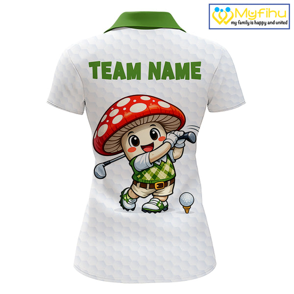 Funny Cartoon Mushroom Womens Golf Polo Shirt White Argyle Green Pattern Golf Shirt NHT890