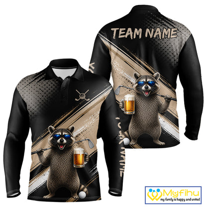 Funny Raccoon Golf Polo Shirt Custom Name Golf Beer Polo Gift For Men Black Beige Golf Jersey  NHT891