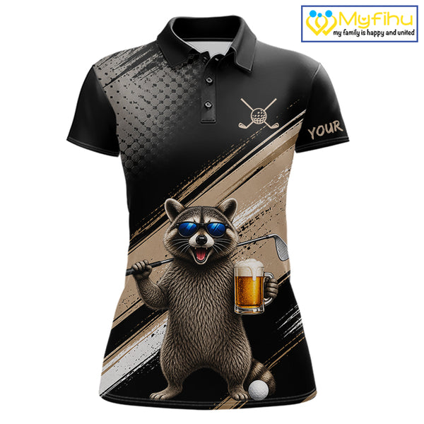 Funny Raccoon Golf Polo Shirt Custom Name Golf Beer Polo Gift For Womens Black Beige Golf Jersey  NHT891
