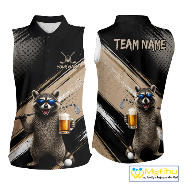 Funny Raccoon Golf Polo Shirt Custom Name Golf Beer Polo Gift For Women Black Beige Golf Jersey NHT891