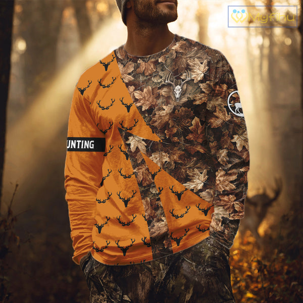 Whitetail Deer Hunting Orange and Autumn Camo Shirts, Personalized Hunting Shirt NHT212