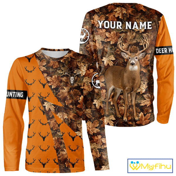 Whitetail Deer Hunting Orange and Autumn Camo Shirts, Personalized Hunting Shirt NHT212