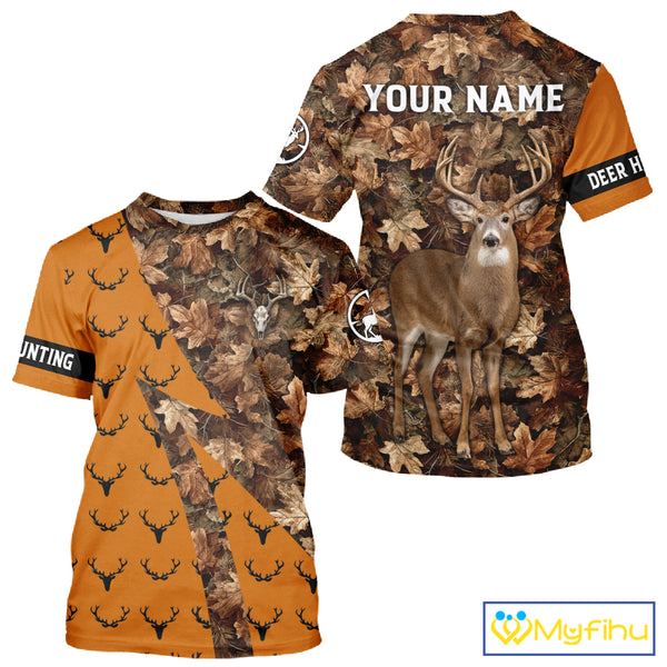 Whitetail Deer Hunting Orange and Autumn Camo Shirts, Personalized Hunting Shirt NHT212