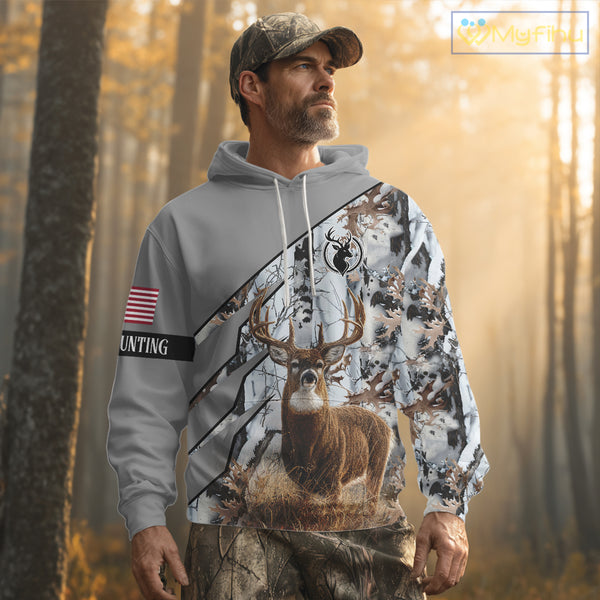 Snowfall Deer Hunting 3D All Over Print Winter Camo Shirt Custom Name For Big Game Hunters NHT214