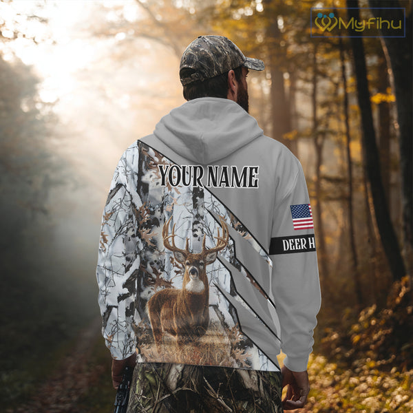 Snowfall Deer Hunting 3D All Over Print Winter Camo Shirt Custom Name For Big Game Hunters NHT214
