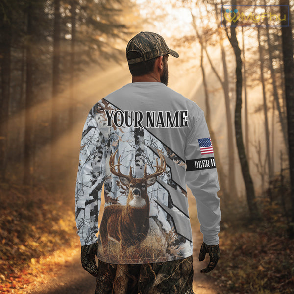 Snowfall Deer Hunting 3D All Over Print Winter Camo Shirt Custom Name For Big Game Hunters NHT214