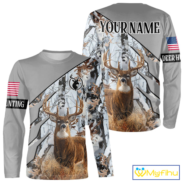 Snowfall Deer Hunting 3D All Over Print Winter Camo Shirt Custom Name For Big Game Hunters NHT214
