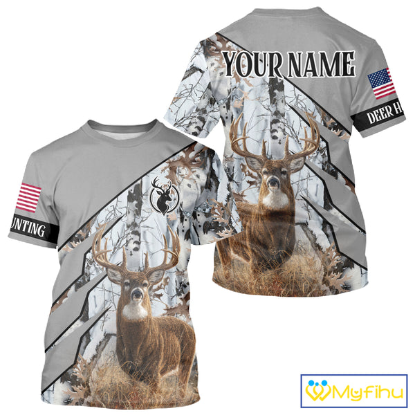Snowfall Deer Hunting 3D All Over Print Winter Camo Shirt Custom Name For Big Game Hunters NHT214