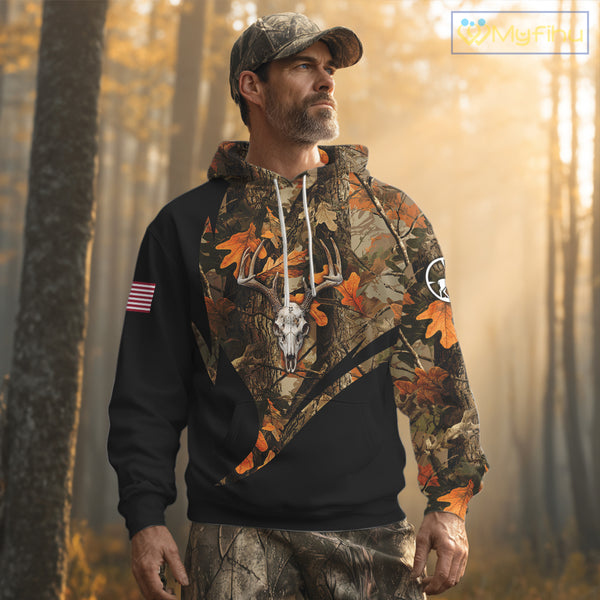 Deer Hunting Shirt 3D Autumn Camo Custom Name With Deer Skull Whitetail And US Flag NHT223