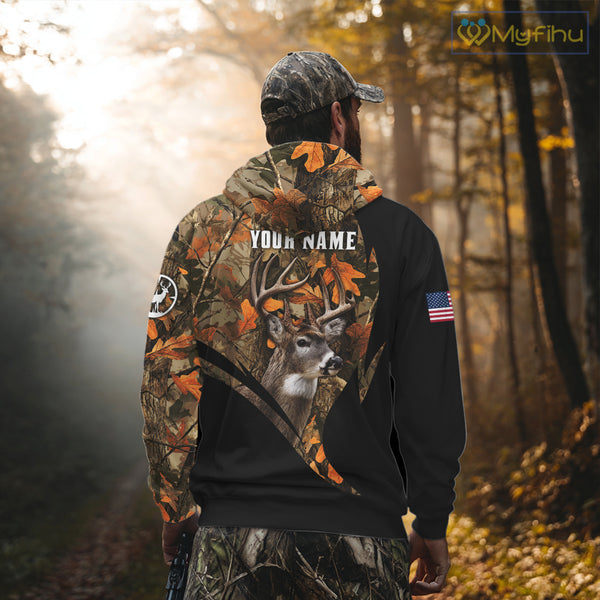 Deer Hunting Shirt 3D Autumn Camo Custom Name With Deer Skull Whitetail And US Flag NHT223