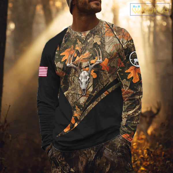 Deer Hunting Shirt 3D Autumn Camo Custom Name With Deer Skull Whitetail And US Flag NHT223