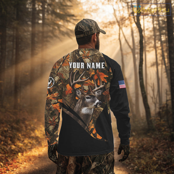 Deer Hunting Shirt 3D Autumn Camo Custom Name With Deer Skull Whitetail And US Flag NHT223