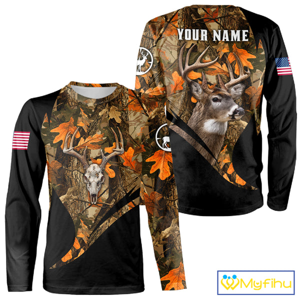 Deer Hunting Shirt 3D Autumn Camo Custom Name With Deer Skull Whitetail And US Flag NHT223