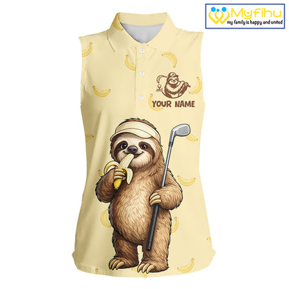 Funny Sloth Banana Womens Sleeveless Golf Polo Shirt Custom Golf Jerseys, Golf Apparel Gift For Golf Lovers NHT907