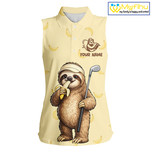 Funny Sloth Banana Womens Sleeveless Golf Polo Shirt Custom Golf Jerseys, Golf Apparel Gift For Golf Lovers NHT907