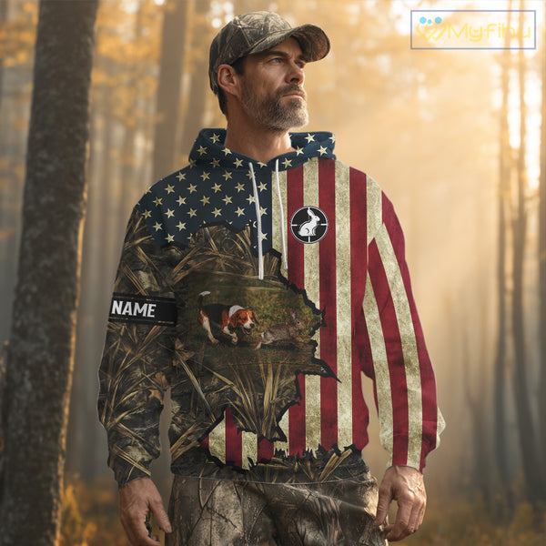 Beagle Dog Chasing Rabbit 3D American Flag Camo Custom Name Shirt, Rabbit Hunting Clothing NHT230