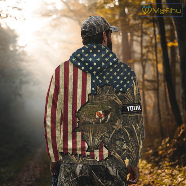 Beagle Dog Chasing Rabbit 3D American Flag Camo Custom Name Shirt, Rabbit Hunting Clothing NHT230