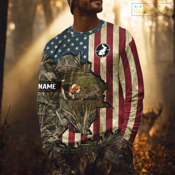 Beagle Dog Chasing Rabbit 3D American Flag Camo Custom Name Shirt, Rabbit Hunting Clothing NHT230