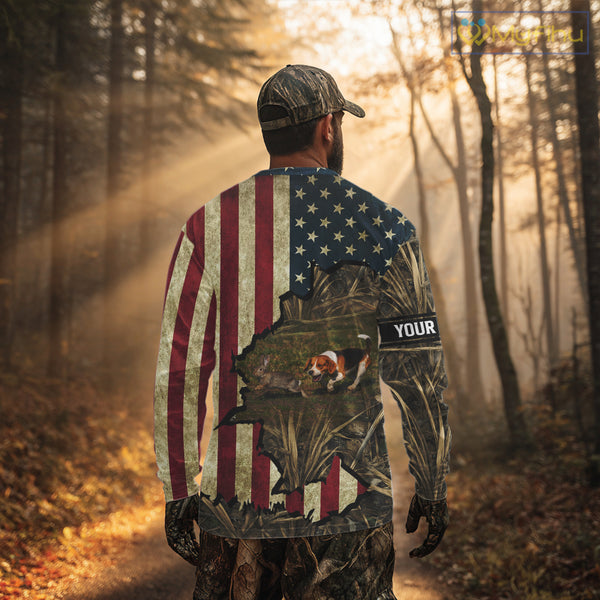 Beagle Dog Chasing Rabbit 3D American Flag Camo Custom Name Shirt, Rabbit Hunting Clothing NHT230