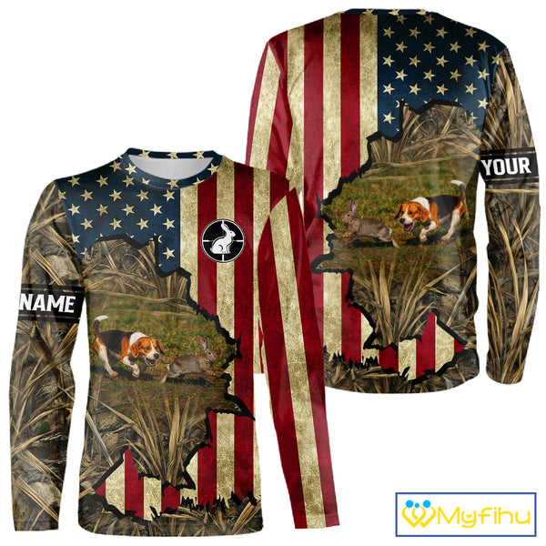 Beagle Dog Chasing Rabbit 3D American Flag Camo Custom Name Shirt, Rabbit Hunting Clothing NHT230