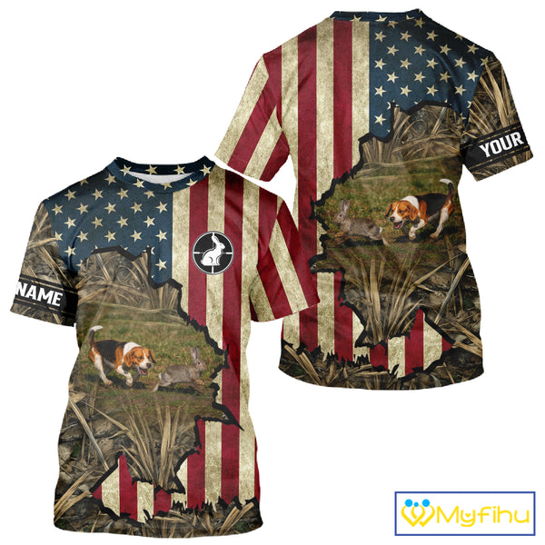 Beagle Dog Chasing Rabbit 3D American Flag Camo Custom Name Shirt, Rabbit Hunting Clothing NHT230