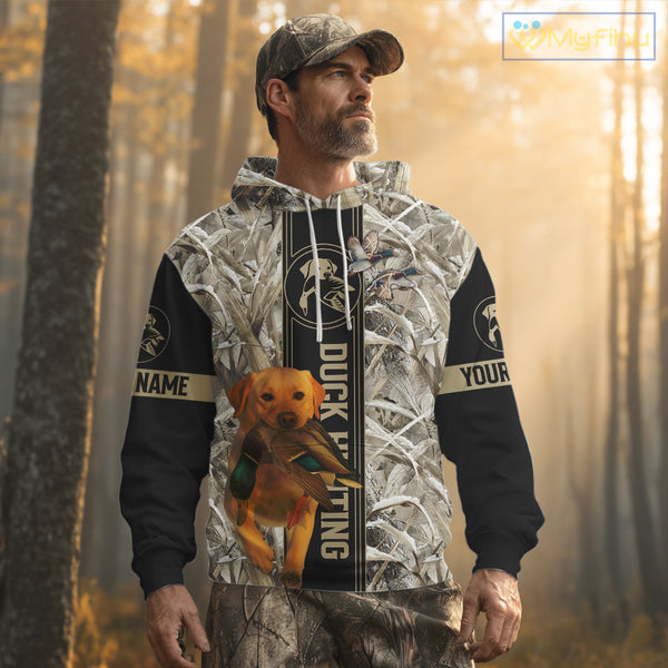 Yellow Lab Mallard Duck Hunting Winter Camo 3D Shirt, Custom Name Waterfowl Hunting Clothes NHT232