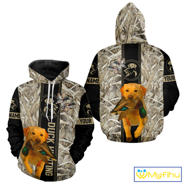 Yellow Lab Mallard Duck Hunting Winter Camo 3D Shirt, Custom Name Waterfowl Hunting Clothes NHT232