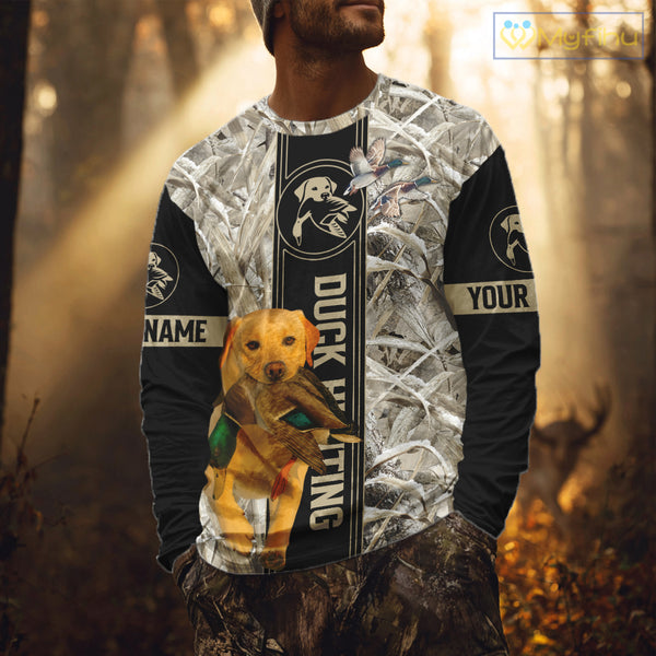 Yellow Lab Mallard Duck Hunting Winter Camo 3D Shirt, Custom Name Waterfowl Hunting Clothes NHT232