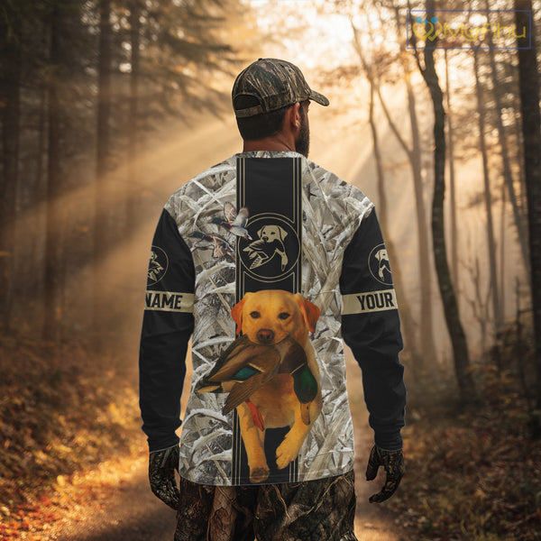 Yellow Lab Mallard Duck Hunting Winter Camo 3D Shirt, Custom Name Waterfowl Hunting Clothes NHT232