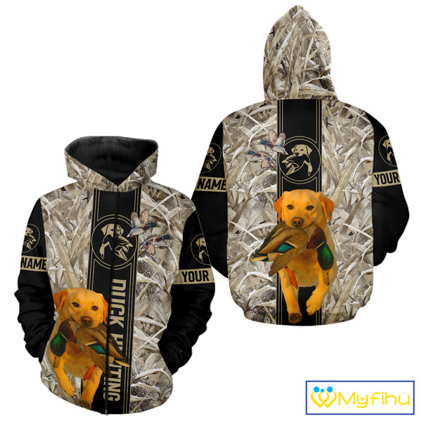 Yellow Lab Mallard Duck Hunting Winter Camo 3D Shirt, Custom Name Waterfowl Hunting Clothes NHT232