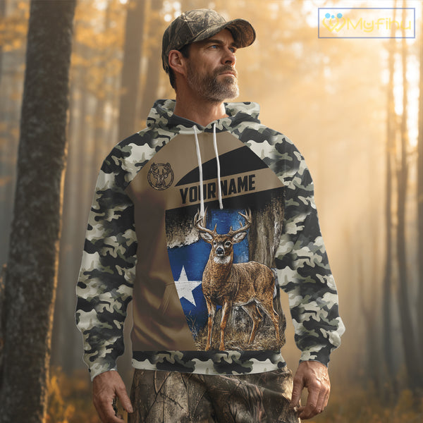 Custom Big Buck Deer Hunting 3D All Over Print Camo with Texas Flag Outdoor Hunting Apparel NHT32