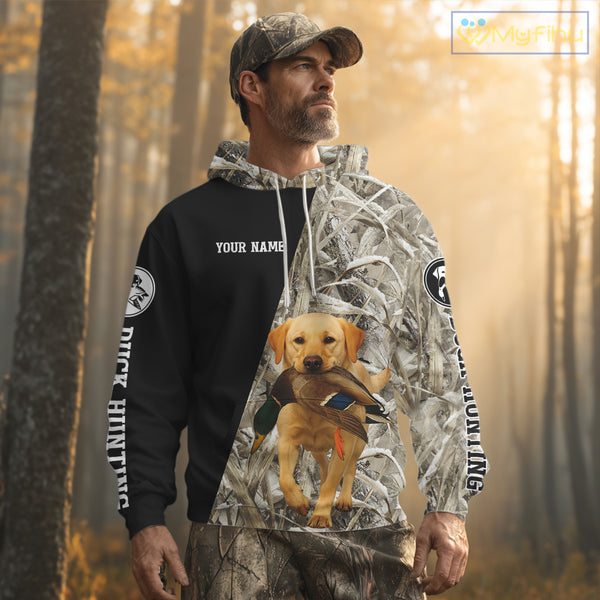 Yellow Lab Duck Hunting Shirt, Custom Name 3D Black Camo Winter Waterfowl Hunting Gear NHT233