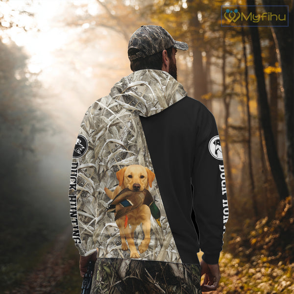 Yellow Lab Duck Hunting Shirt, Custom Name 3D Black Camo Winter Waterfowl Hunting Gear NHT233