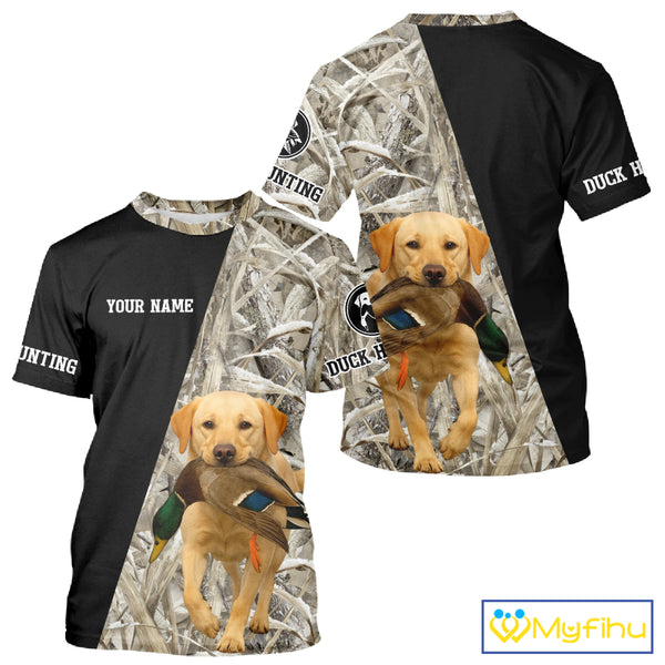 Yellow Lab Duck Hunting Shirt, Custom Name 3D Black Camo Winter Waterfowl Hunting Gear NHT233