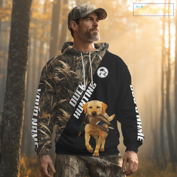 Waterfowl Duck Hunting With Yellow Lab Dogs, Custom Name All Over Print Shirts NHT234