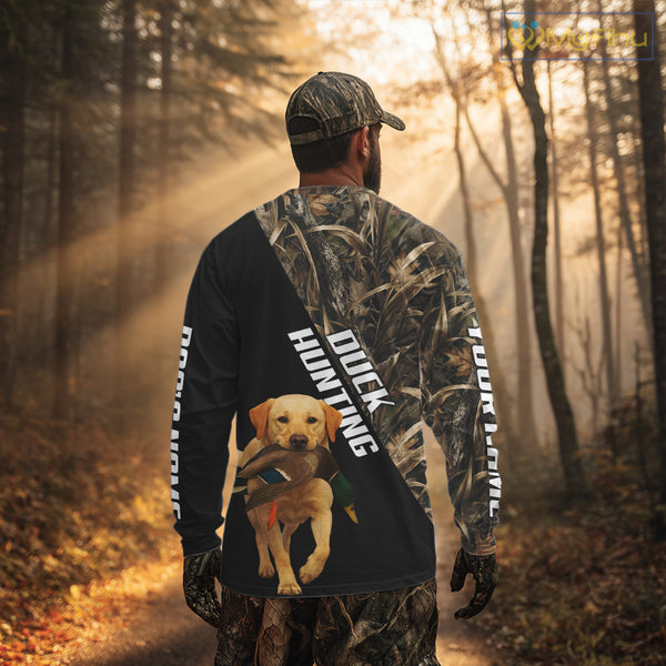 Waterfowl Duck Hunting With Yellow Lab Dogs, Custom Name All Over Print Shirts NHT234