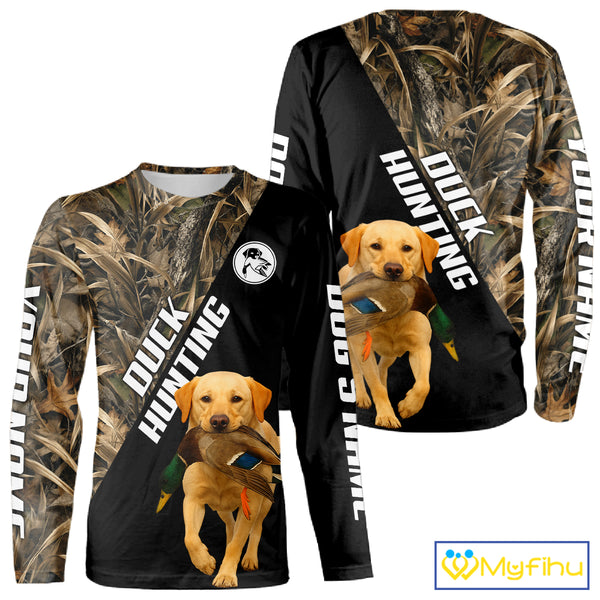 Waterfowl Duck Hunting With Yellow Lab Dogs, Custom Name All Over Print Shirts NHT234