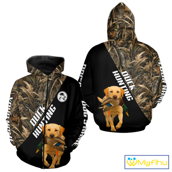Waterfowl Duck Hunting With Yellow Lab Dogs, Custom Name All Over Print Shirts NHT234