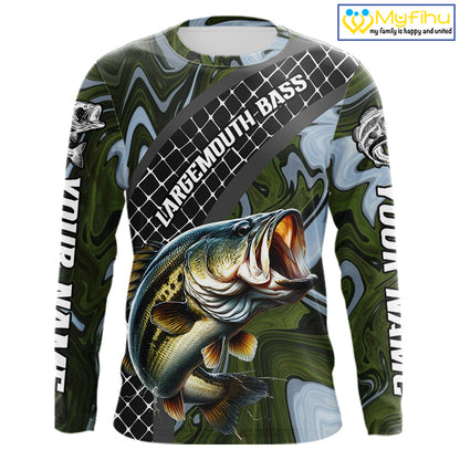 Largemouth Bass Fishing Shirts Long Sleeve Abstract Green Camo Performance Jersey For Men NHT922