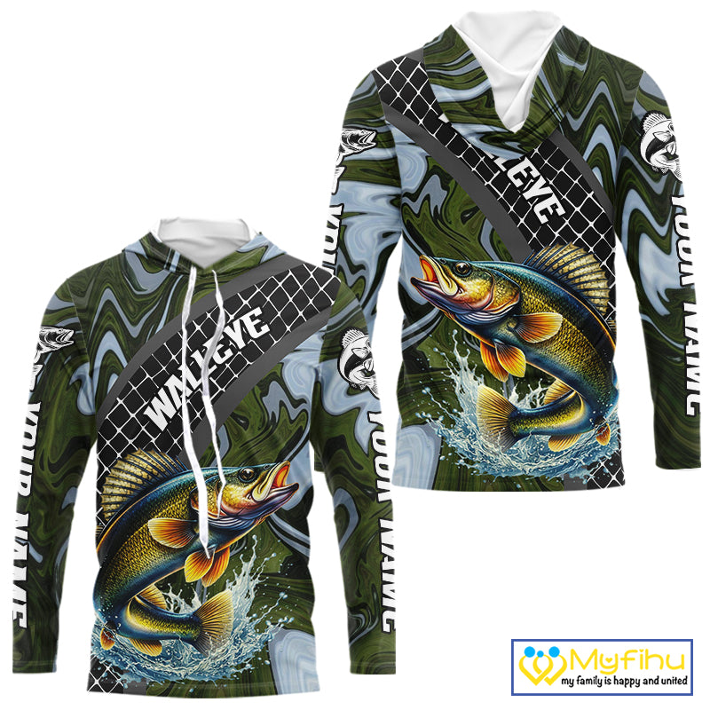 Walleye Hooded Fishing Shirt Long Sleeve Abstract Green Camo Performance Jersey For Men NHT923
